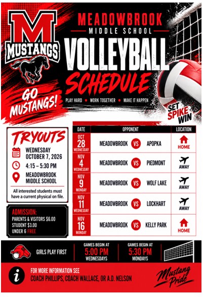 Meadowbrook Middle School 26-27 Volleyball Schedule