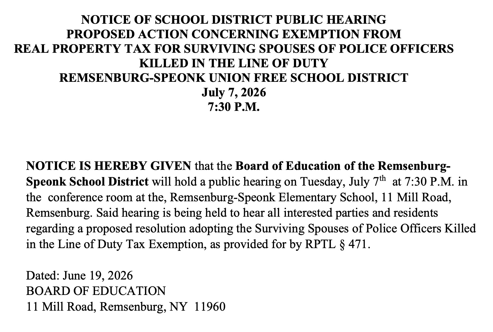 NOTICE OF SCHOOL DISTRICT PUBLIC HEARING - 7/7/26 @ 7:30 PM