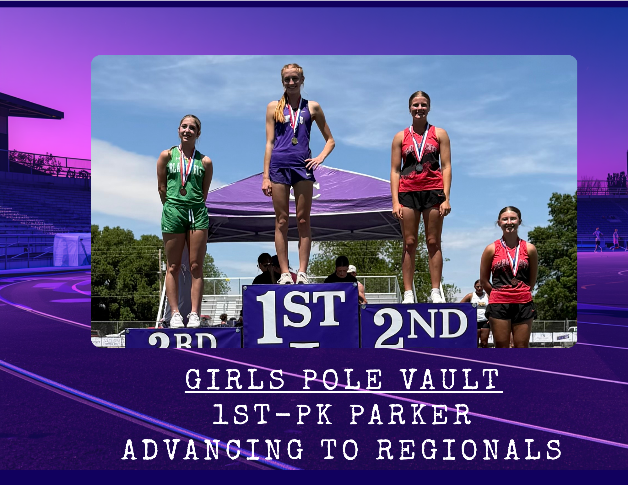 Four female athletes stand on a podium, celebrating their achievements in the Girls Pole Vault event.