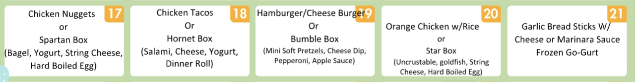 A menu displays food options with numbers 17 through 21, including chicken nuggets, tacos, burgers, orange chicken, and garlic bread sticks.