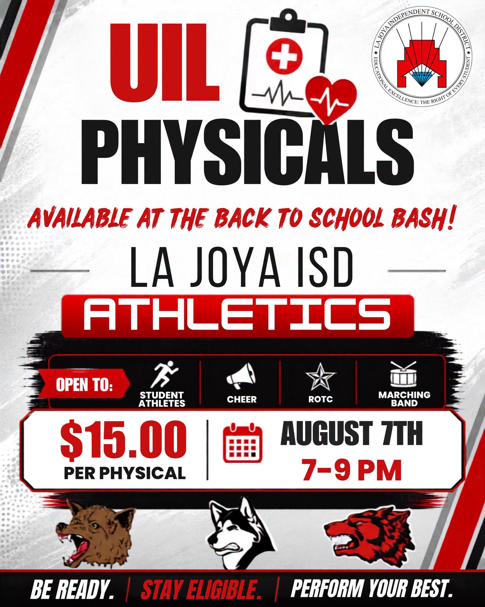 📣 Reminder, UIL Physicals will be available TODAY at the La Joya ISD Back-to-School Bash!!