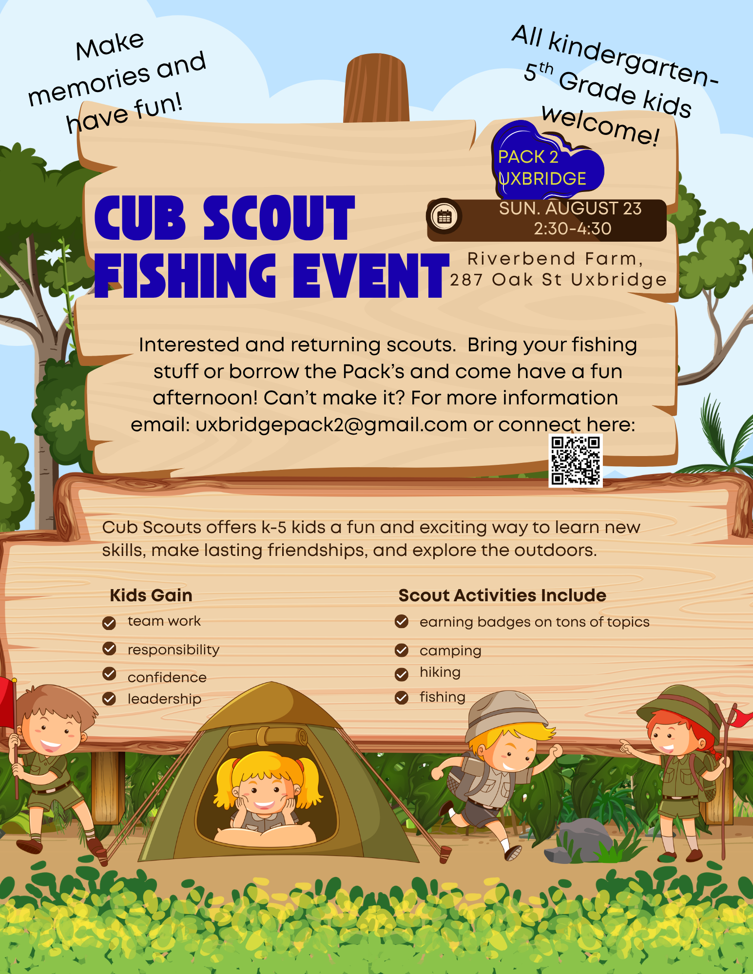 A flyer announces a Cub Scout Fishing Event for kindergarten to 5th-grade kids on Sunday, August 23rd, from 2:30-4:30 PM at Riverbend Farm.