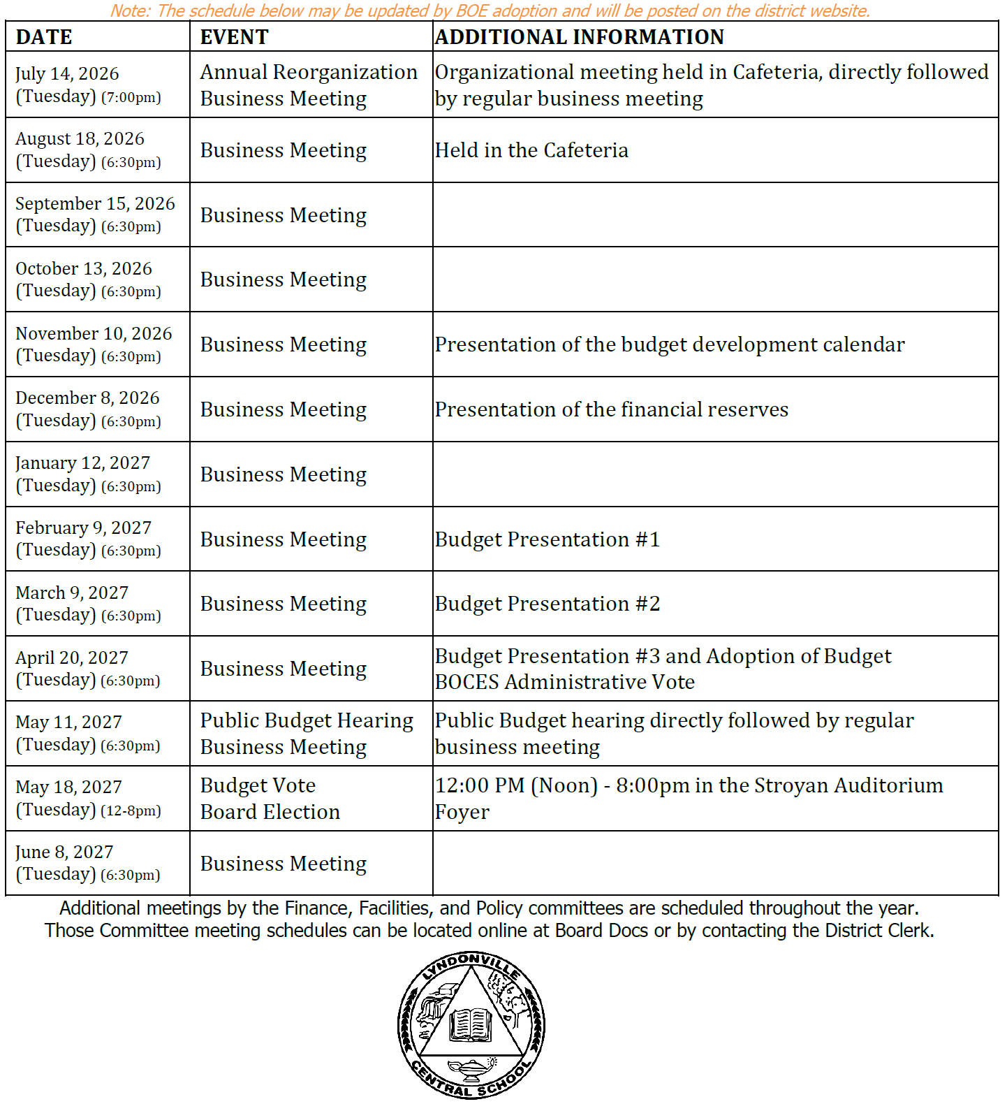 Board of Education Regular Business Meetings