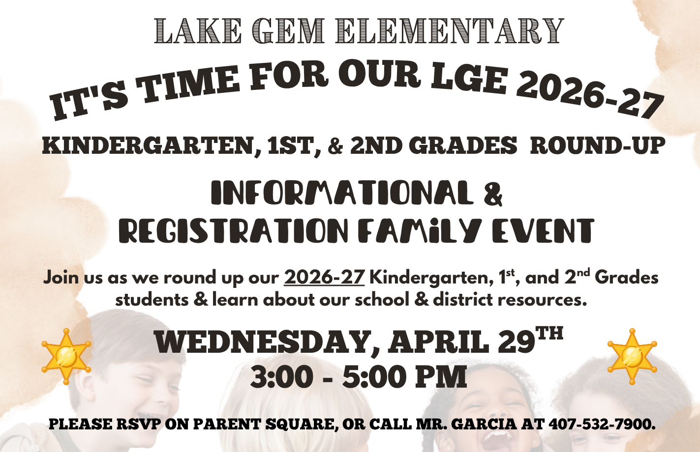 Lake Gem Elementary hosts an informational and registration event for Kindergarten, 1st, and 2nd grades on Wednesday, April 29th, from 3:00-5:00 PM.