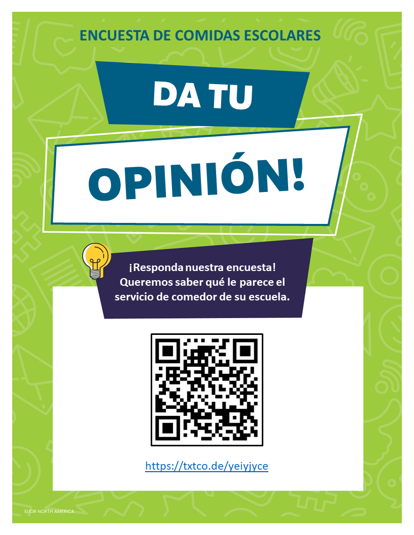 A school food survey flyer with the Spanish text "DA TU OPINIÓN!" and a QR code.