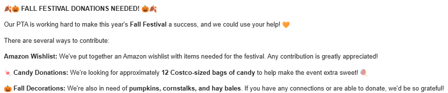 A digital flyer requesting donations for a school PTA Fall Festival, featuring an Amazon Wishlist, candy, and fall decorations.