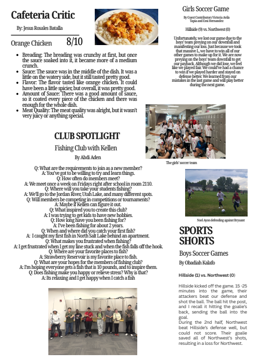 A school newspaper page features articles on cafeteria food, a fishing club interview, and soccer game reports.