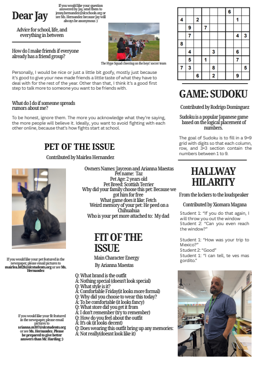 A school newspaper page titled Dear Jay featuring advice columns, a photo of a student group, and a Sudoku puzzle.