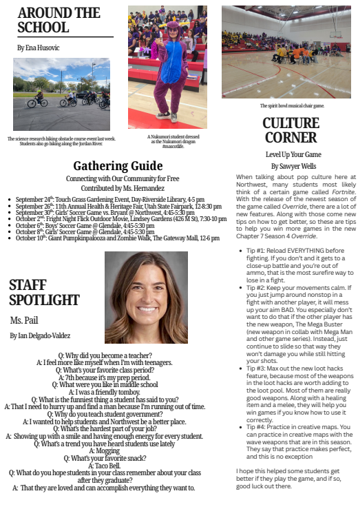 A school newsletter page featuring sections like Around the School, Gathering Guide, Staff Spotlight, and Culture Corner.