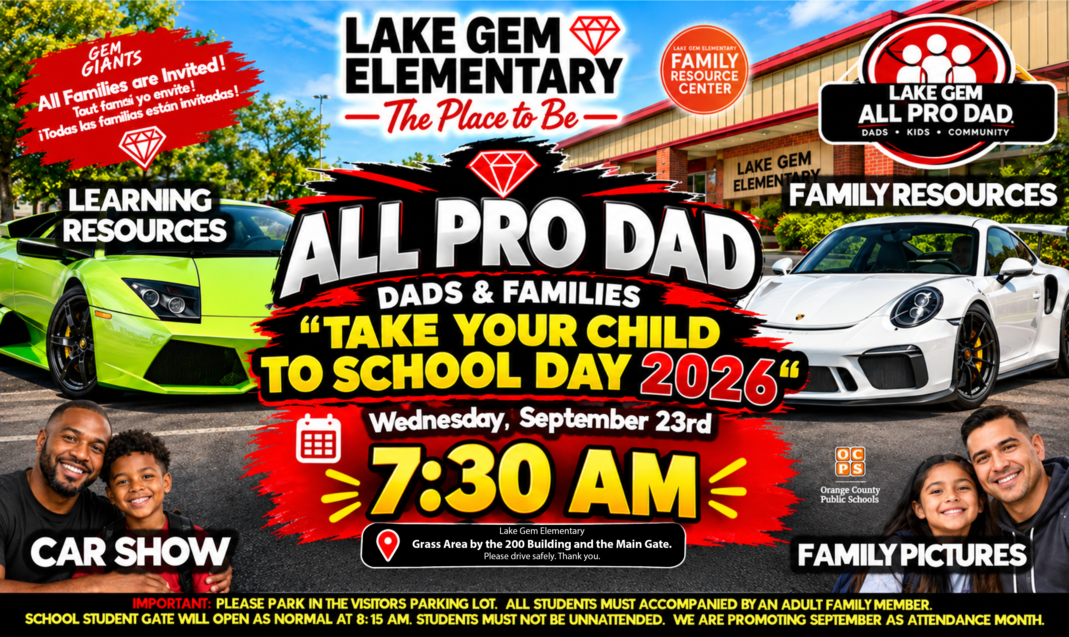 🚗🏁 Lake Gem Families, Start Your Engines and Join us at the 9-23-26 LGE APD "Take Your Child to School Day" Family Celebration & Car Show Event 🚗🏁