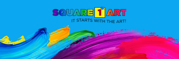 Colorful paint strokes in blue, yellow, green, and purple against a bright blue background.