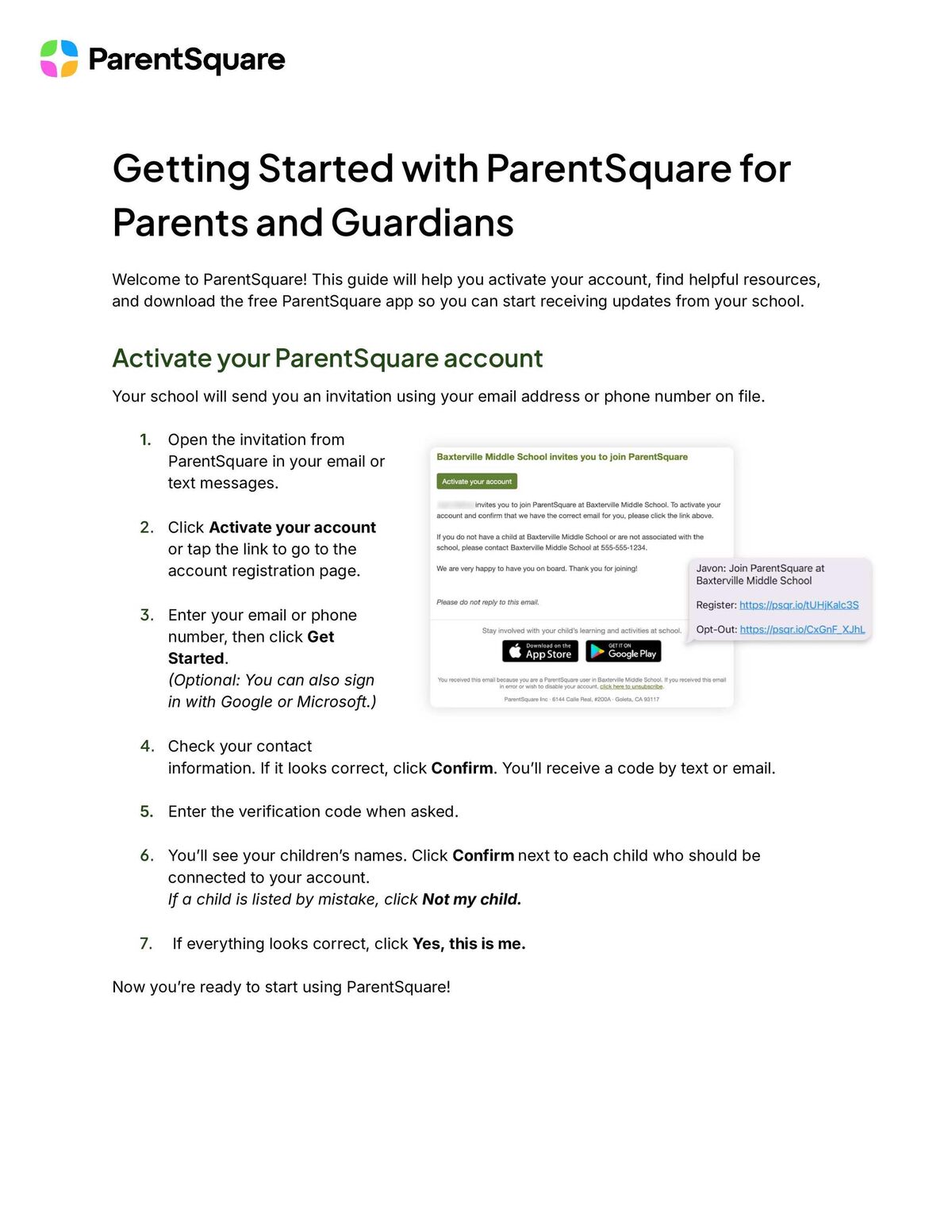 A guide titled 'Getting Started with ParentSquare for Parents and Guardians' with instructions and an example invitation.