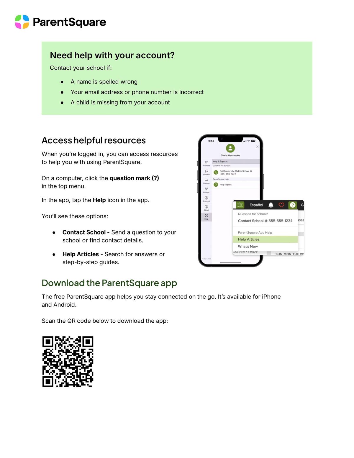 ParentSquare logo and text, with a section on account help and contact options.