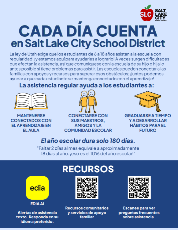 An informational flyer in Spanish from Salt Lake City School District about school attendance, featuring text, icons, and QR codes for resources.