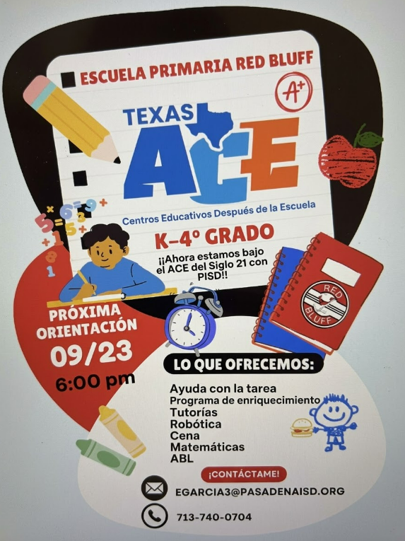A colorful flyer in Spanish for Red Bluff Elementary School's Texas ACE after-school program, featuring a child studying and an orientation date of 09/23 at 6:00 pm.
