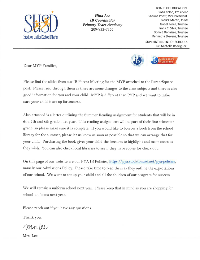 IB Parent Meeting- MYP Slides and Summer Reading Assignment- Please read!!