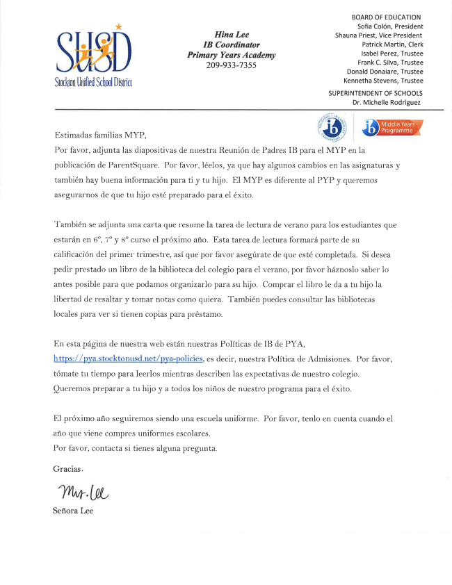 A letter from Hina Lee, IB Coordinator, to MYP families regarding program updates and summer reading assignments.