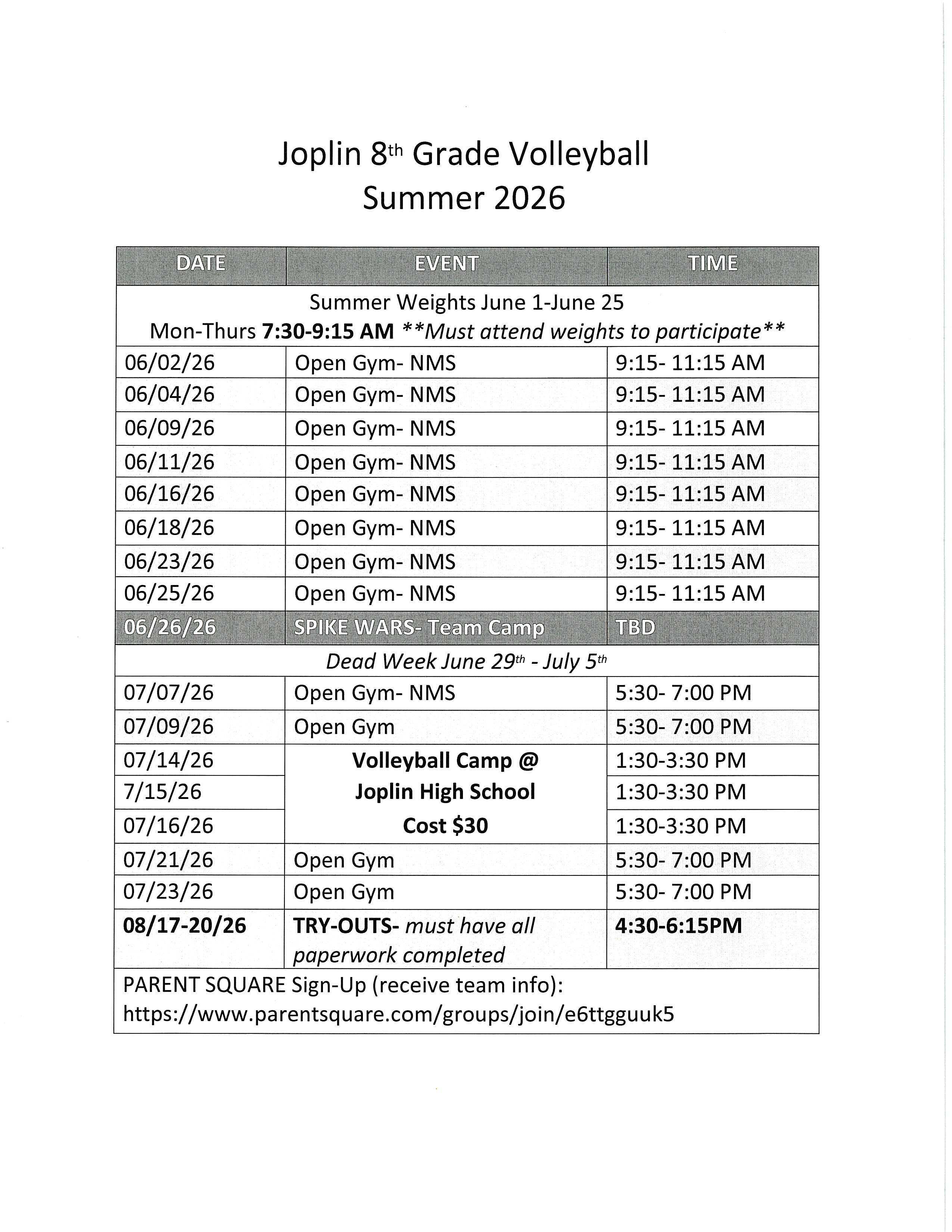8th Grade Summer Volleyball Schedule