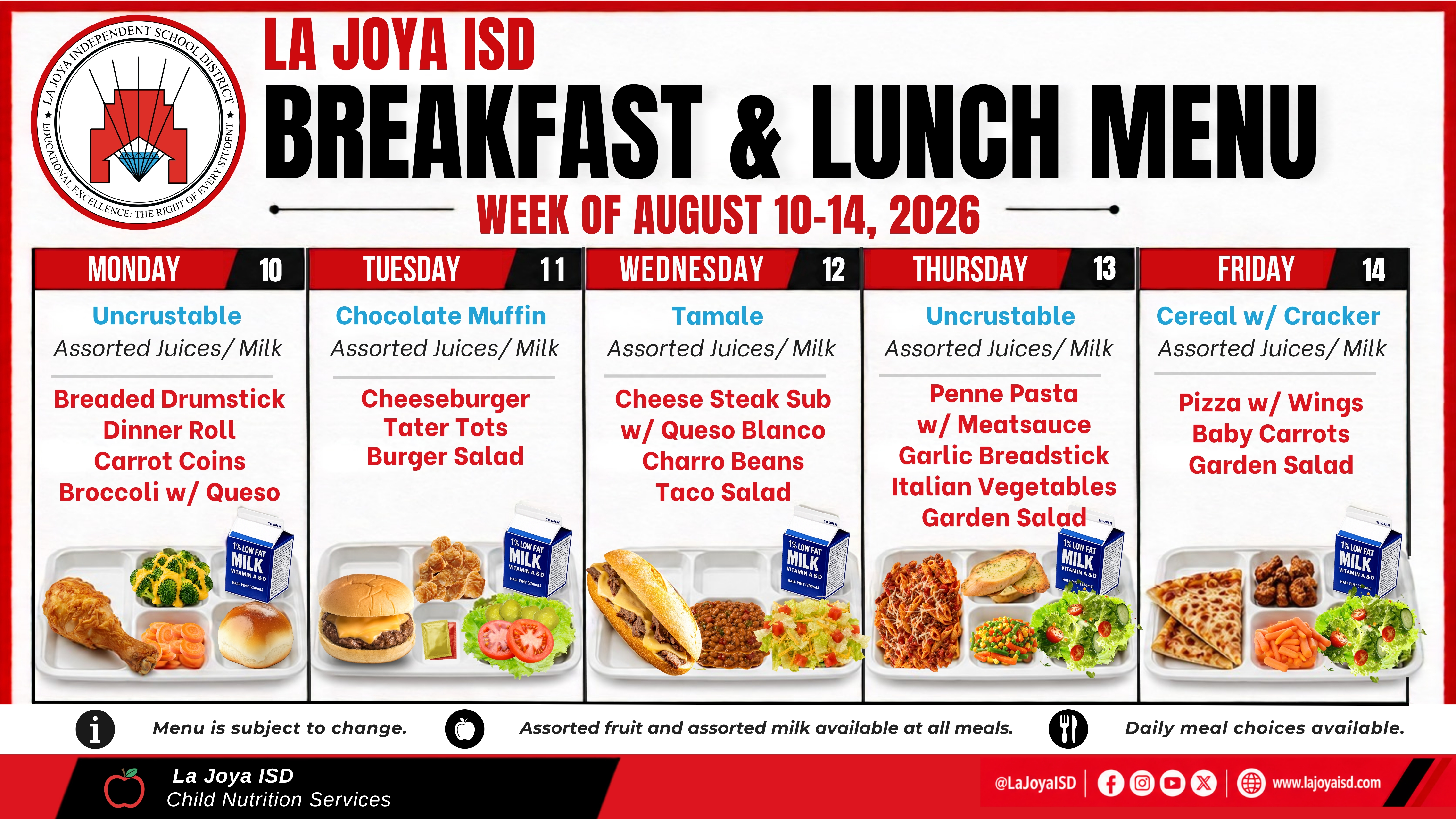 🍎📚 La Joya ISD Families, the Breakfast & Lunch Menu for the first week of school is here!