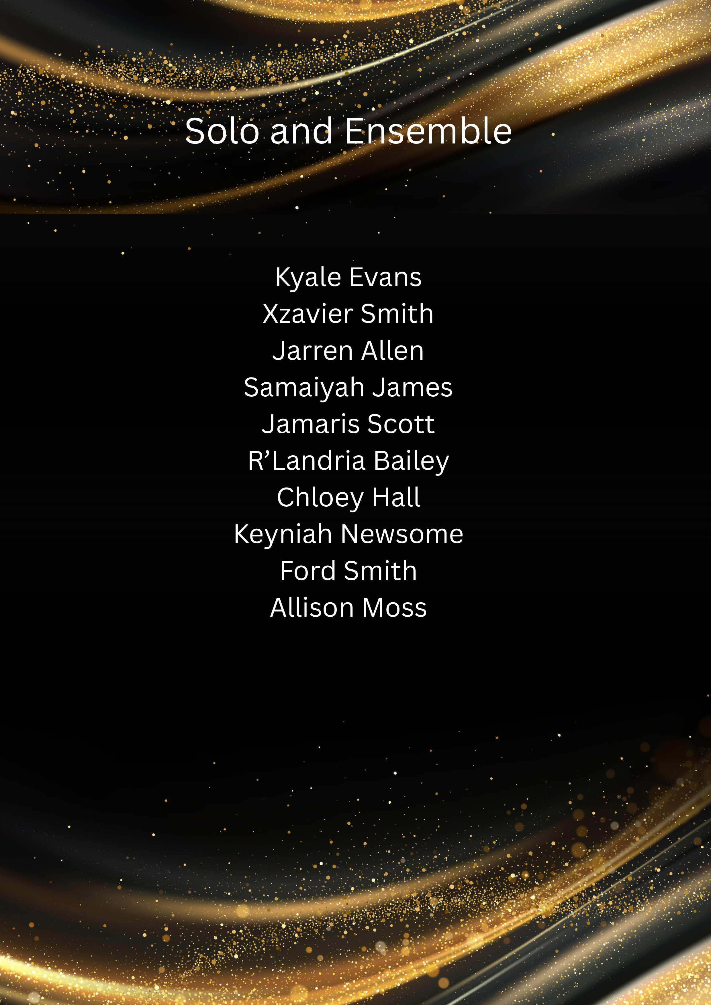 A black background with shimmering gold accents and the text 'Solo and Ensemble'.