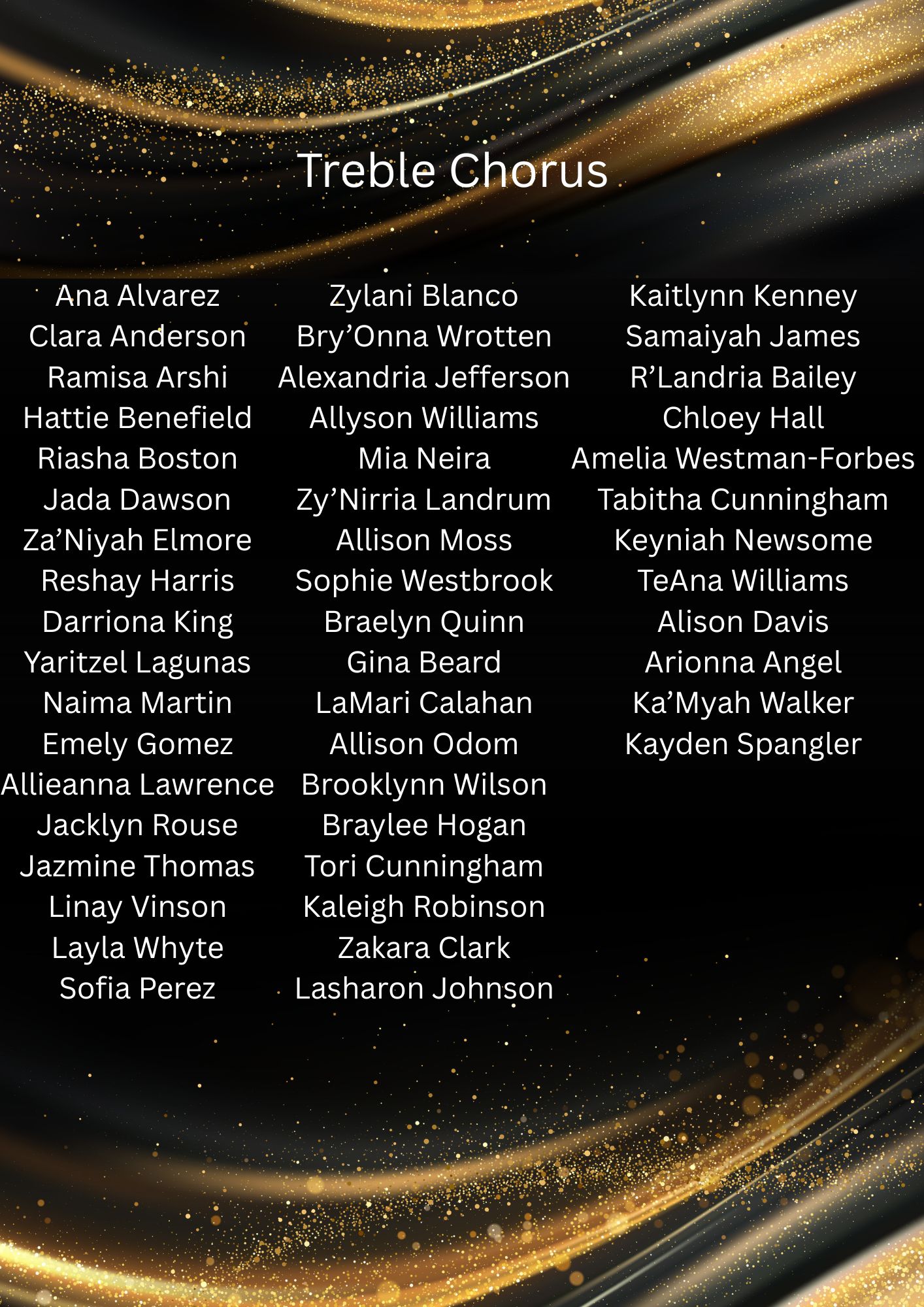 A list of names under the heading 'Treble Chorus' is displayed on a dark background with golden accents.