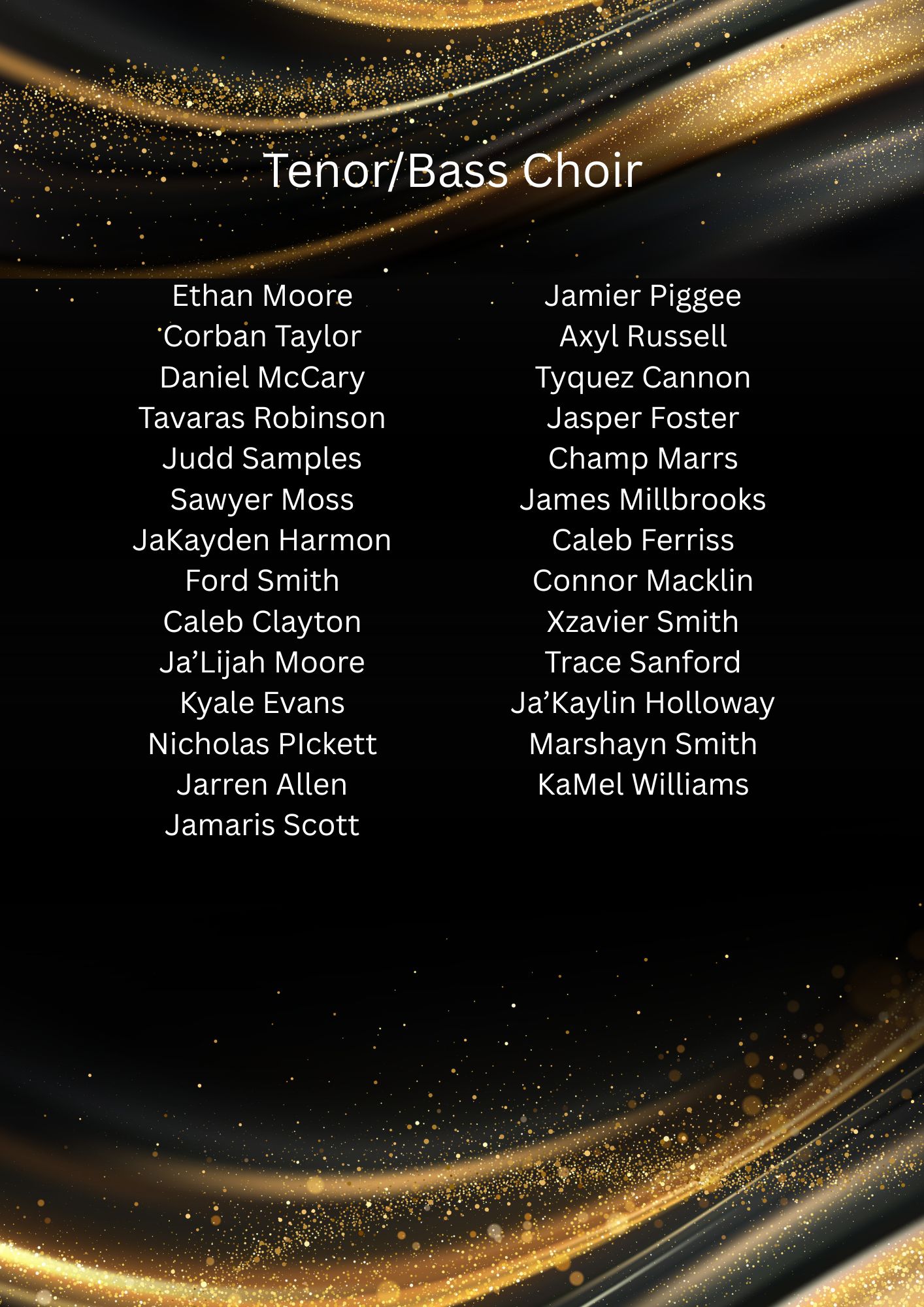 A list of names under the heading 'Tenor/Bass Choir' on a black background with gold glitter accents.
