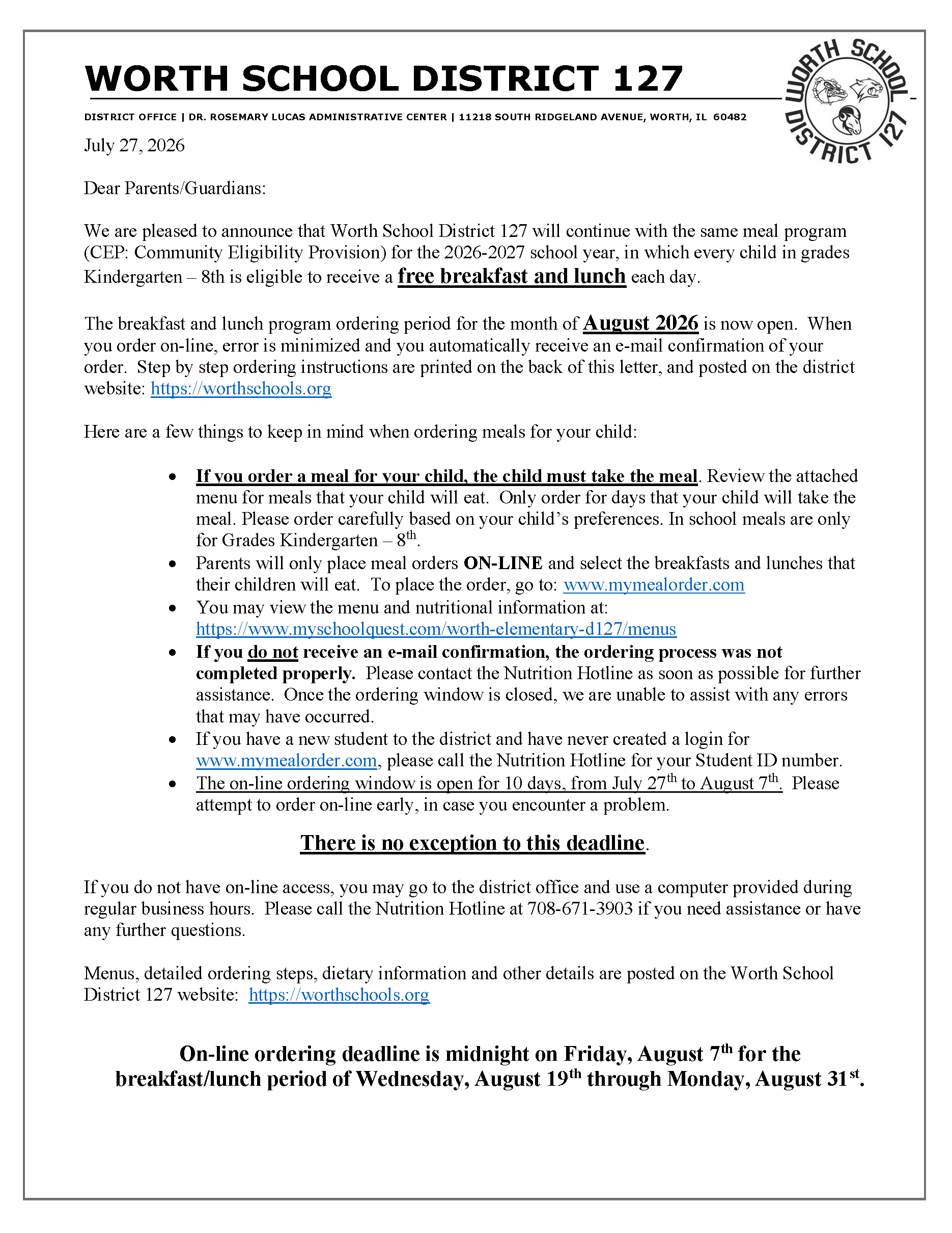 Official letter from Worth School District 127 announcing free breakfast and lunch program for grades K-8 for the 2026-2027 school year.