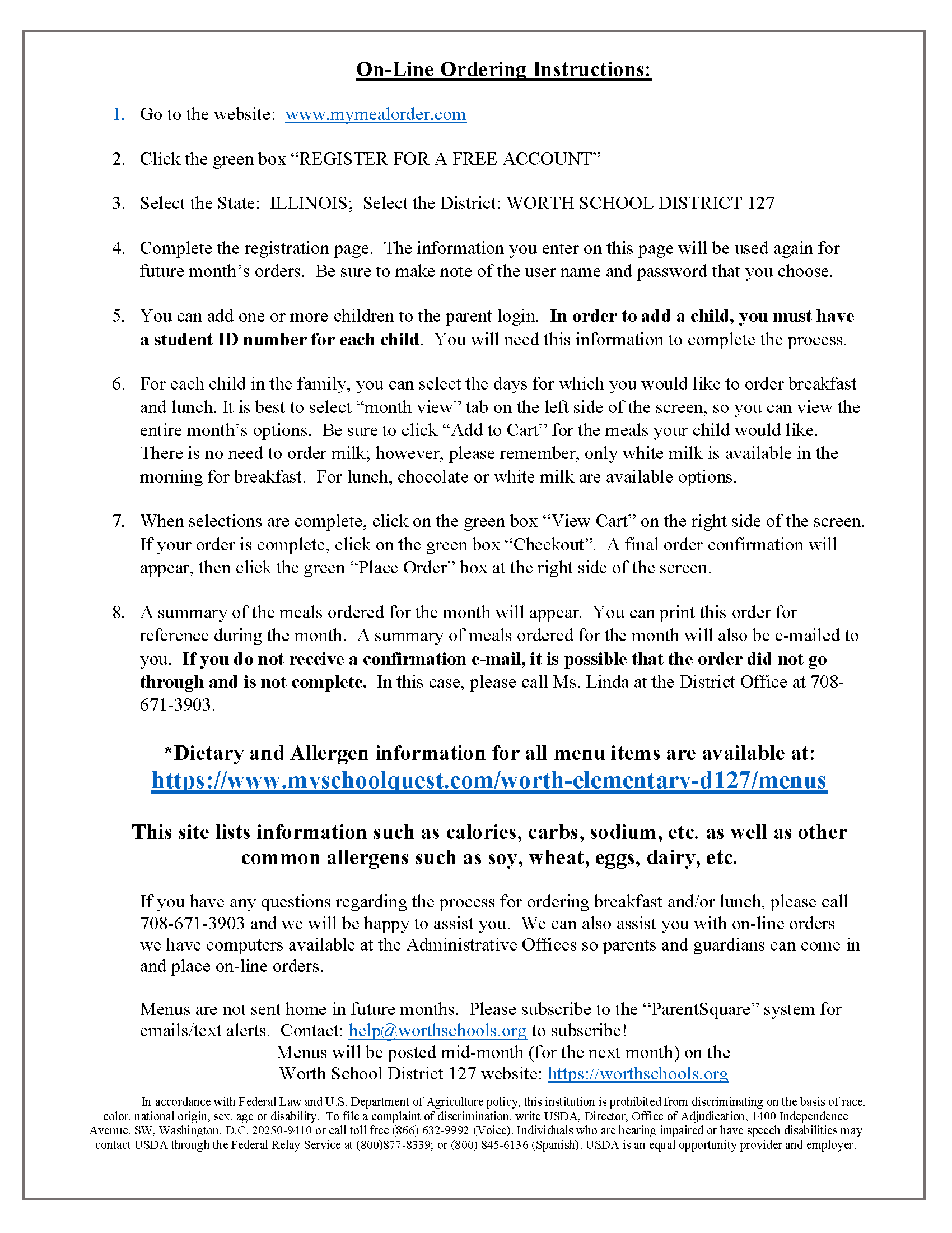 Instructions for online ordering of school meals, including website and registration steps.