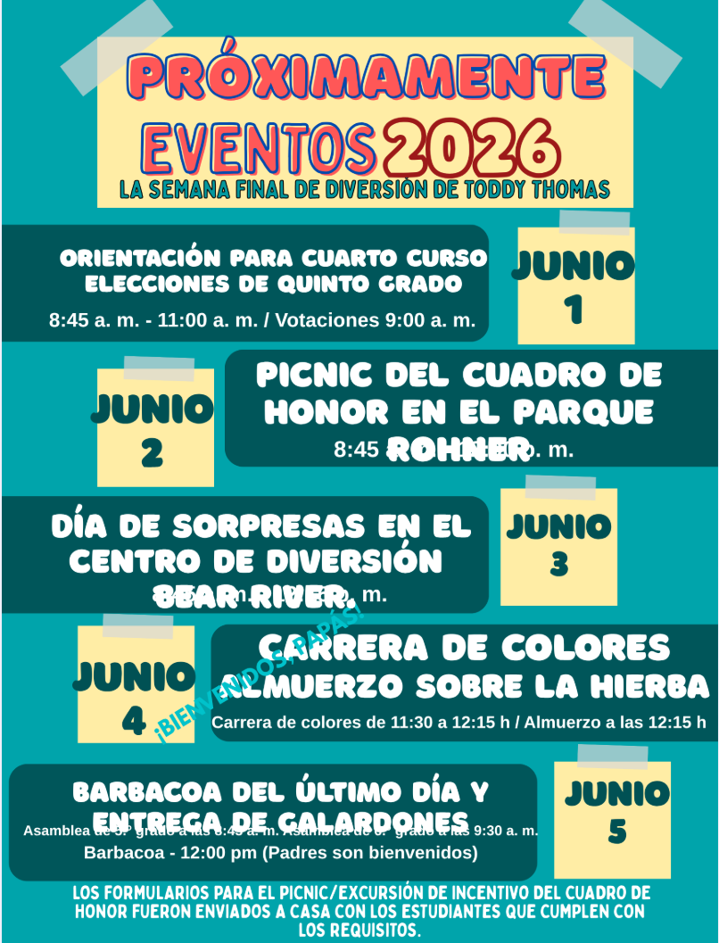 A colorful poster announces "Upcoming Events 2026" for "Toddy Thomas's Final Week of Fun."