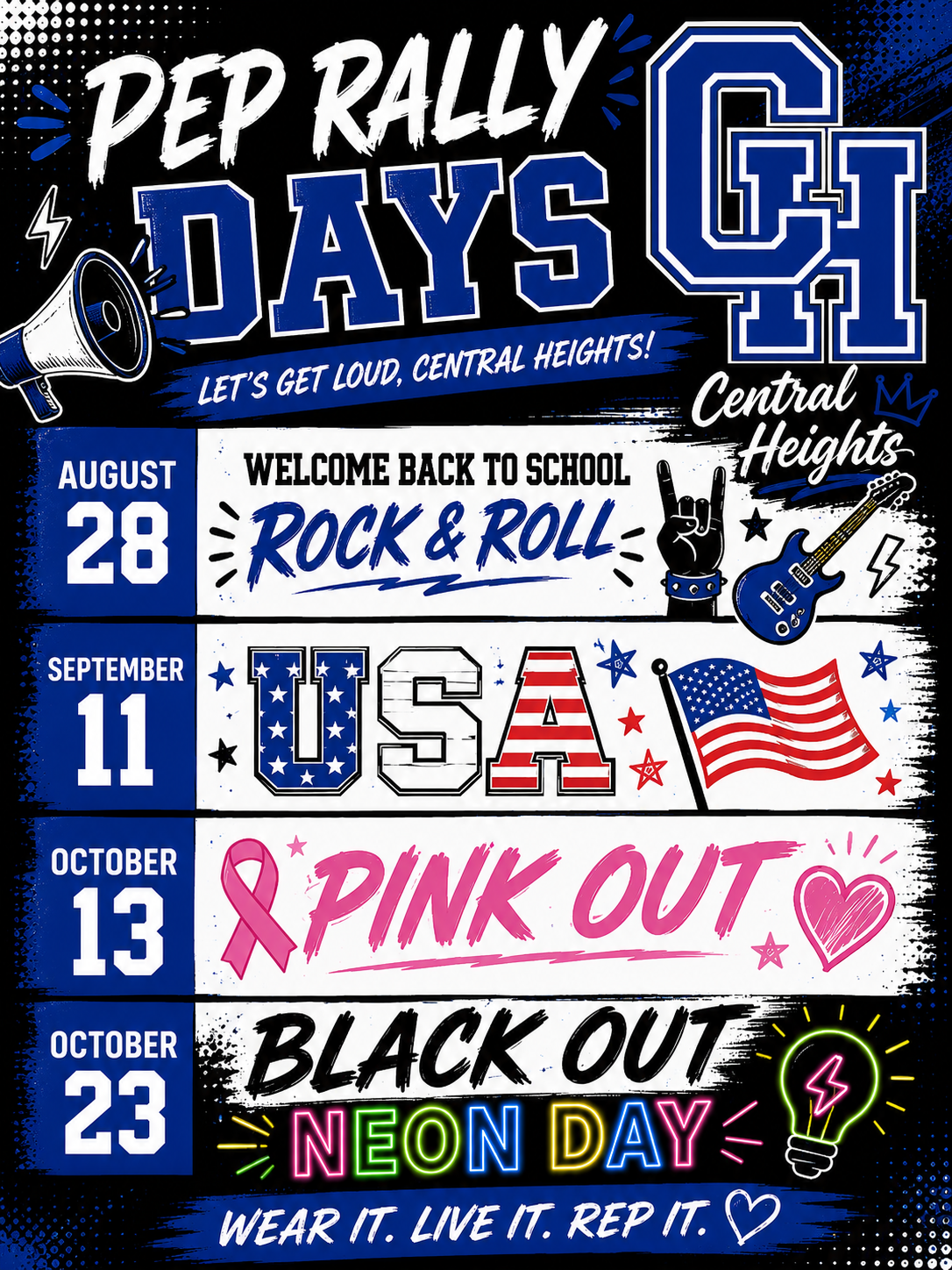 Poster announcing Pep Rally Days for Central Heights with themed events for August, September, and October.
