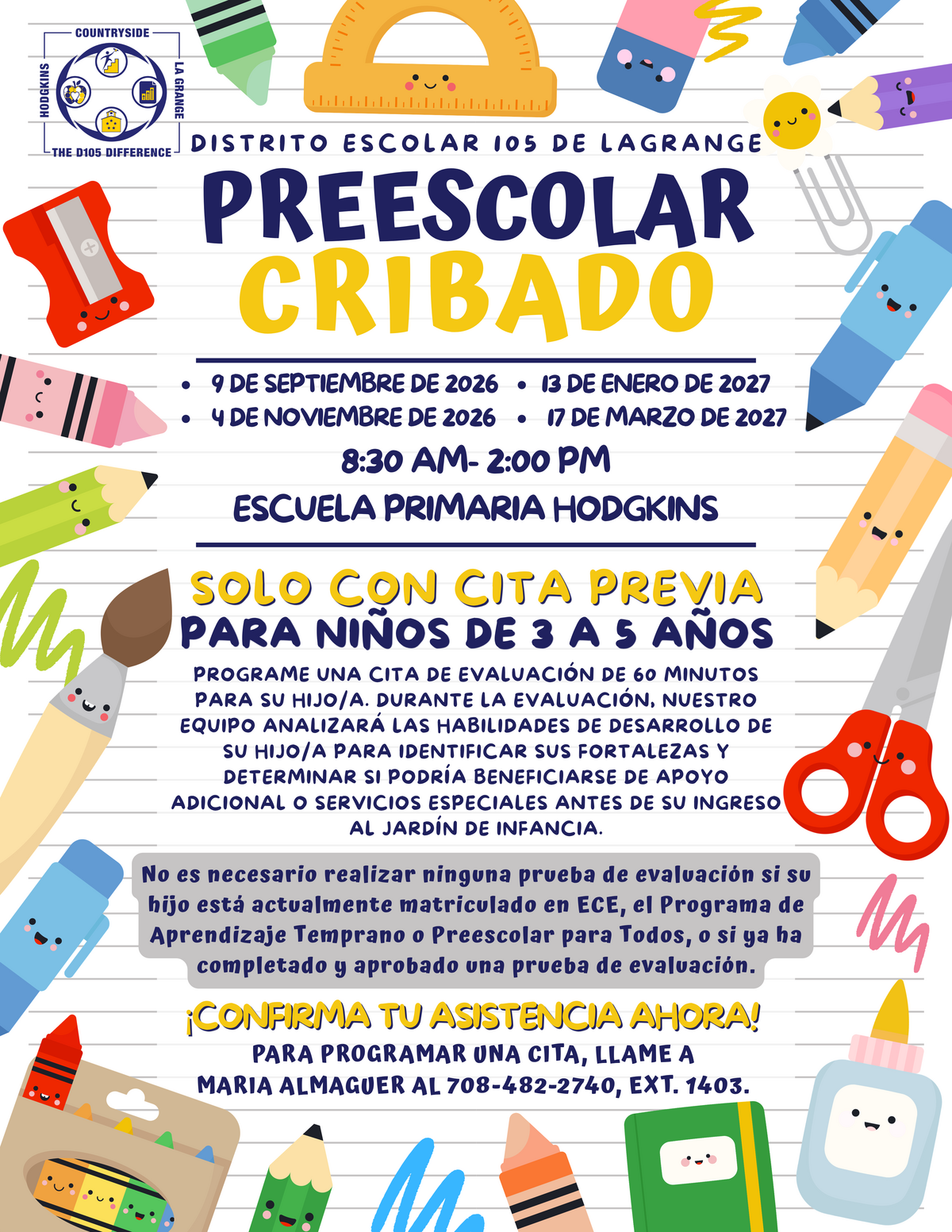 A colorful flyer announces "Preescolar Cribado" (Screened Preschool) for children aged 3-5, with dates and times for evaluations.