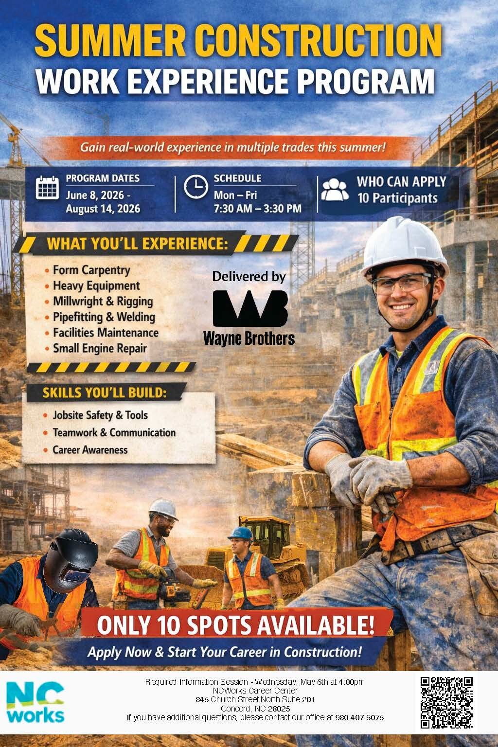 Summer Construction Work Experience Program flyer with a QR code. 