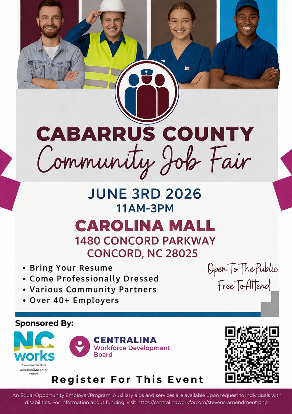 Cabarrus County Community Job Fair flyer with a QR code to register for event