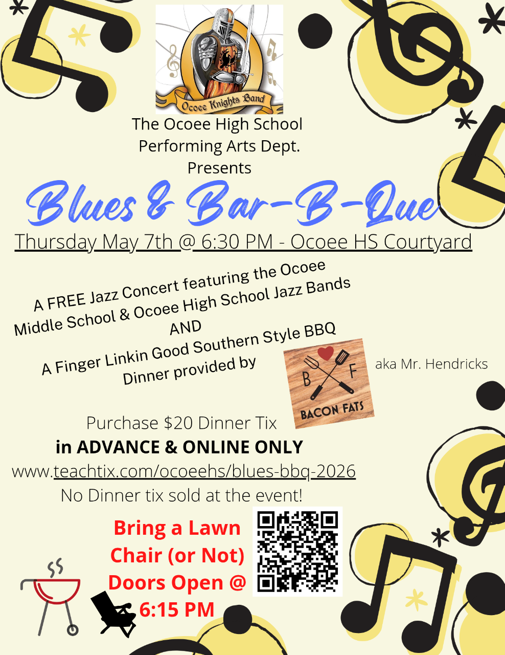 Poster for 'Blues & Bar-B-Que' event featuring Ocoee High School Jazz Bands, a BBQ dinner, and a free jazz concert.