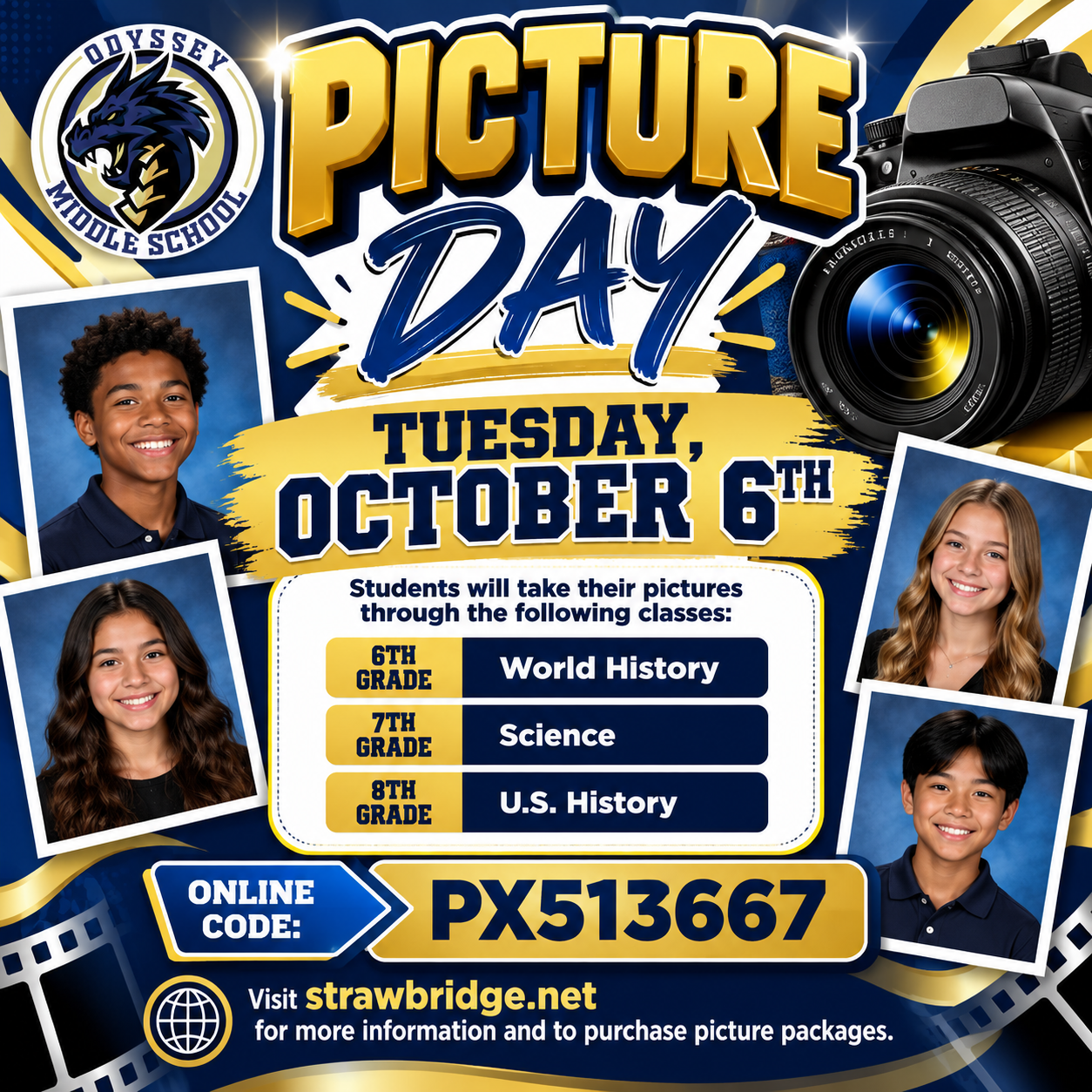 Picture Day is coming up October 6th- pictures taken through your social studies class and 7th grade through Science class