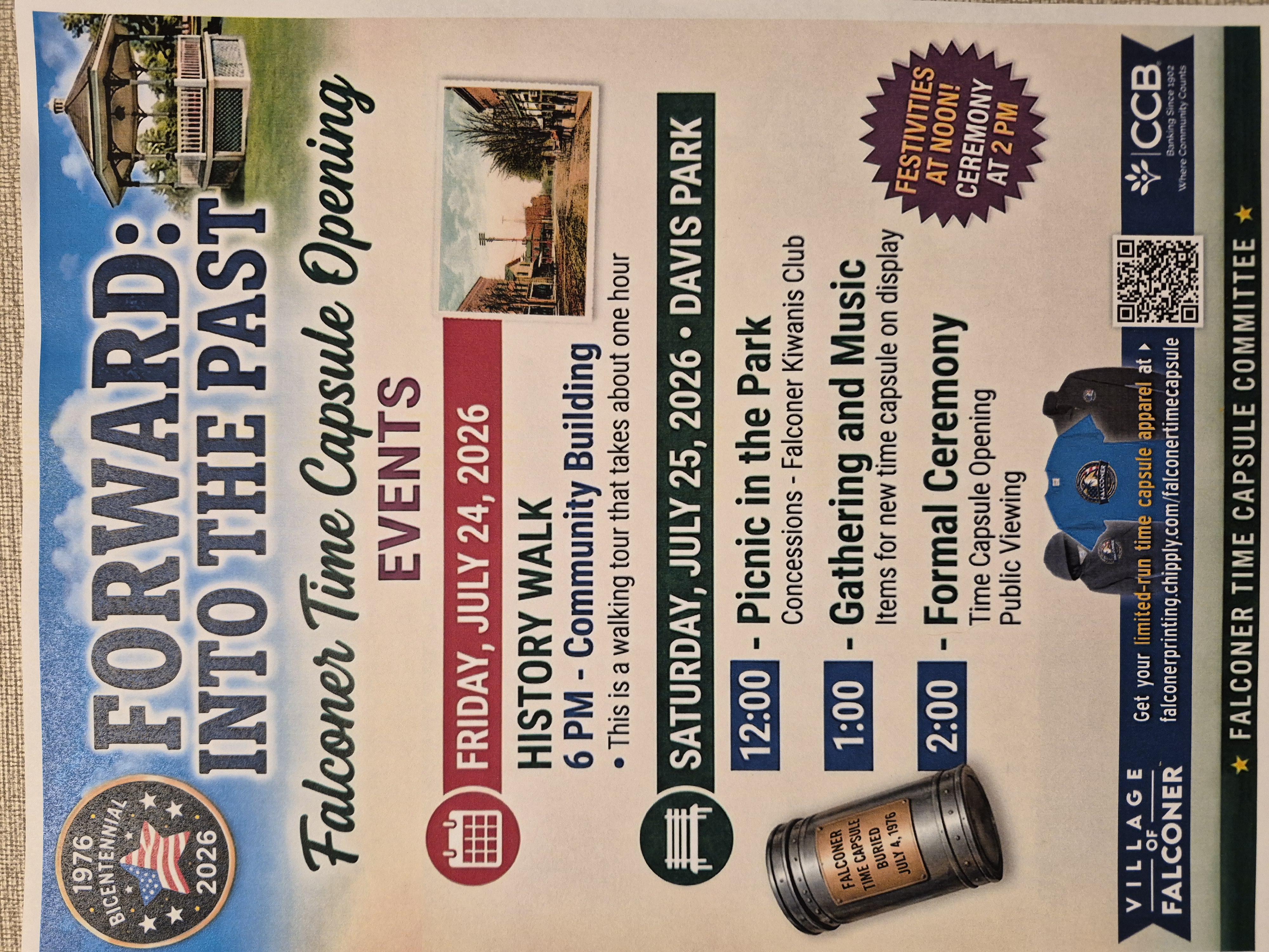 Falconer Time Capsule Opening Events - Friday 7/24 and Saturday 7/25