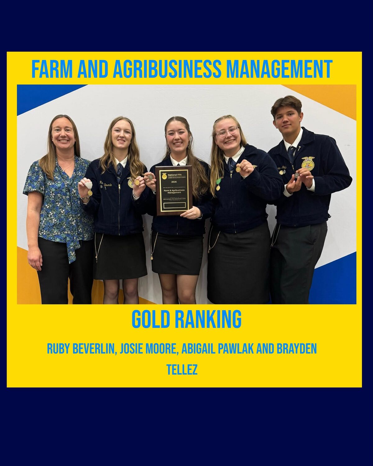 Five people pose proudly, holding awards for Farm and Agribusiness Management, with text reading 'FARM AND AGRIBUSINESS MANAGEMENT' and 'GOLD RANKING'.