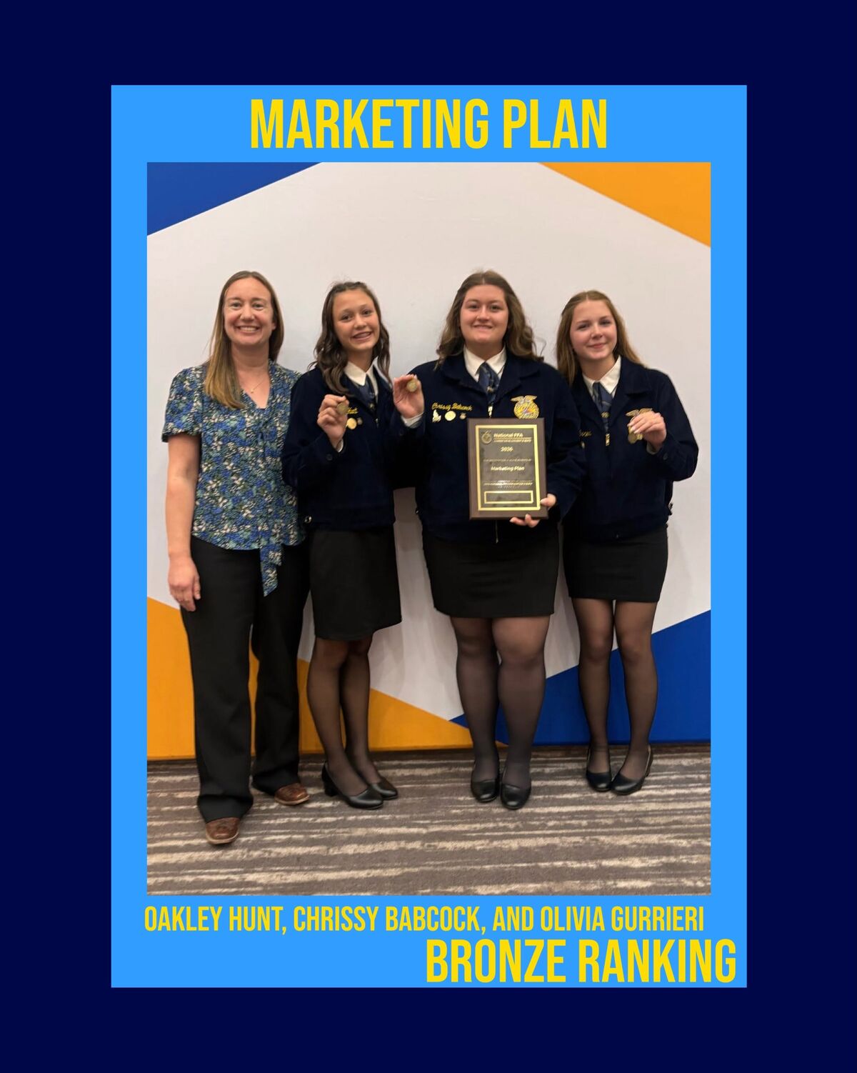 Four smiling women pose indoors, with three in matching dark FFA jackets and skirts, and one holding an award plaque that reads Marketing Plan and Bronze Ranking.