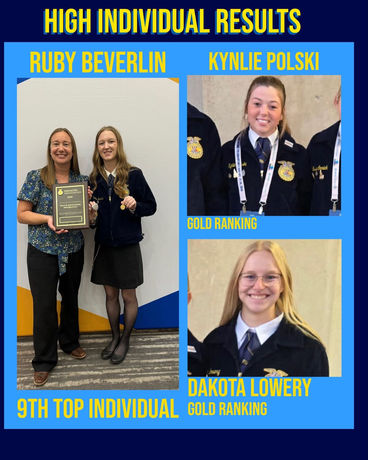 A graphic celebrating FFA individual results, featuring Ruby Beverlin, Kynlie Polski, and Dakota Lowery.