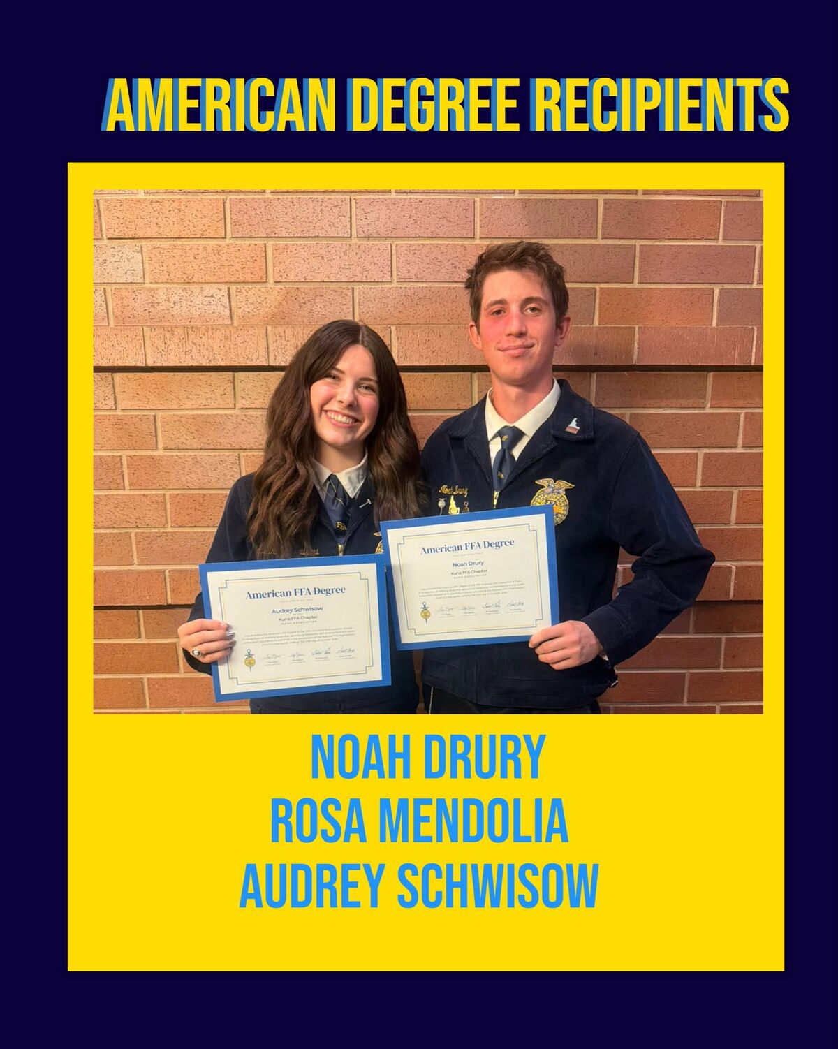 Two smiling students in blue FFA jackets stand proudly in front of a brick wall, each holding their American FFA Degree certificate.
