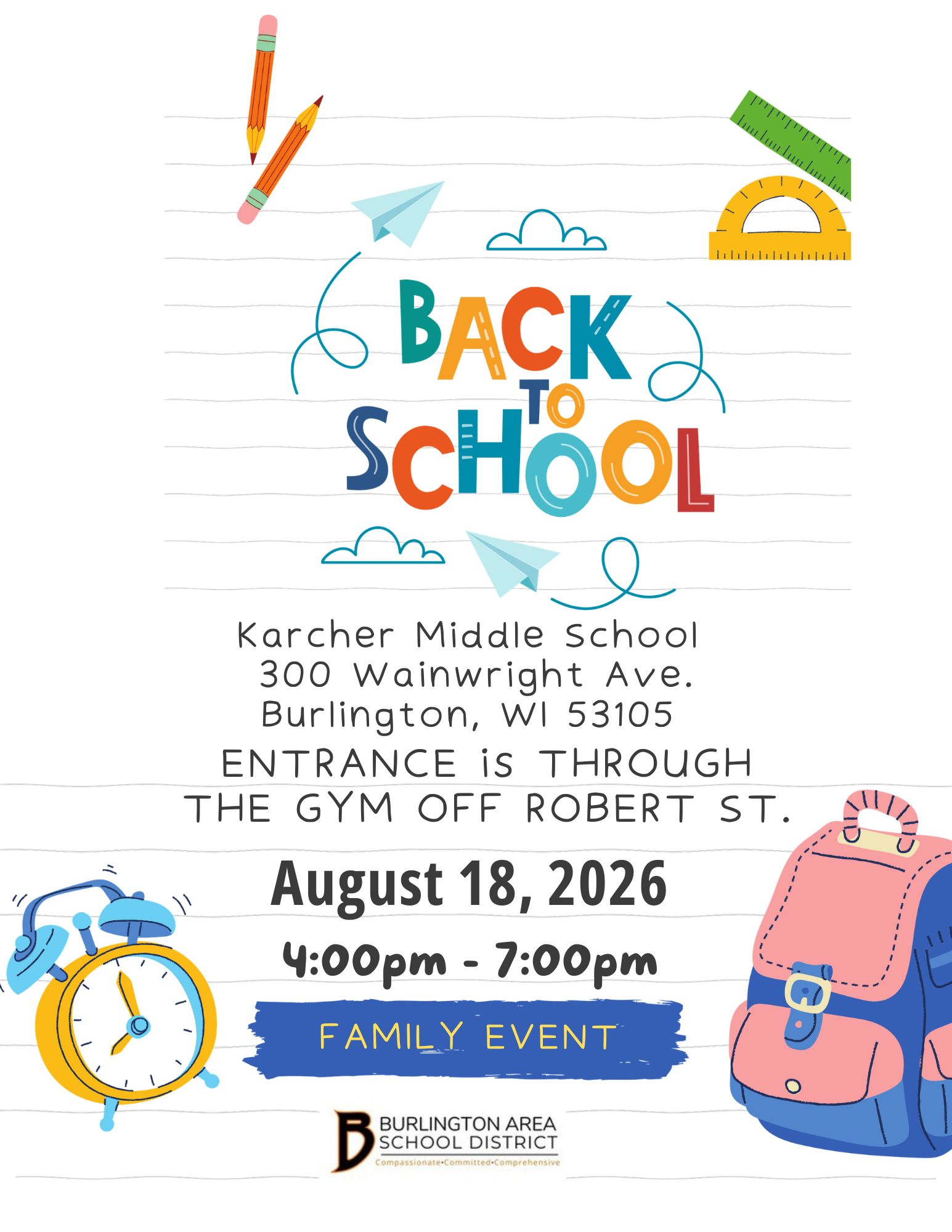 A "Back to School" event flyer for Karcher Middle School on August 18, 2026, from 4:00pm to 7:00pm.