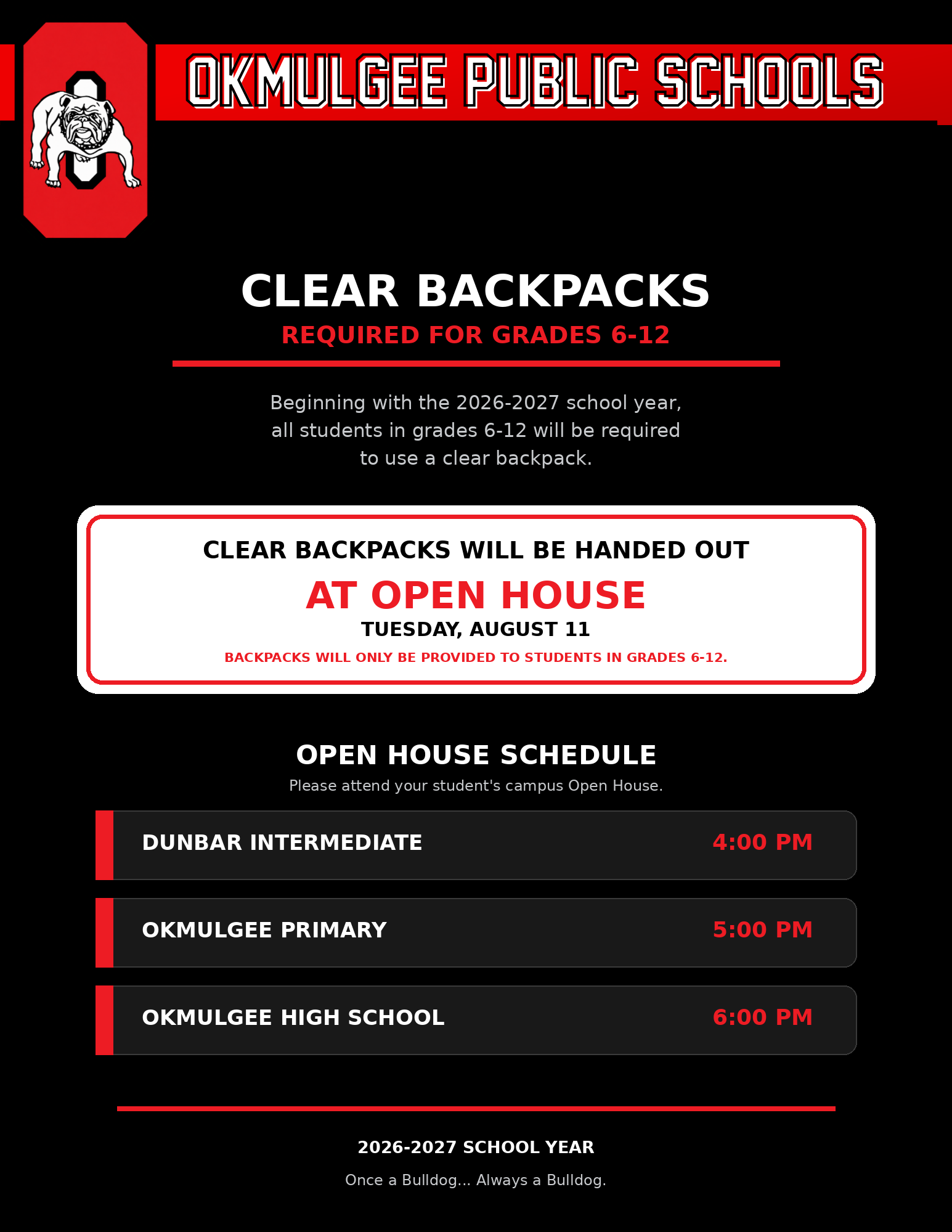Clear Backpacks Required for Grades 6-12