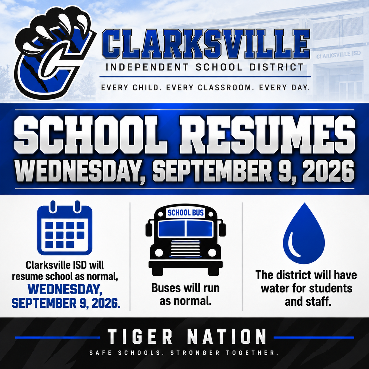 CISD Resumes Classes: September 9, 2026
