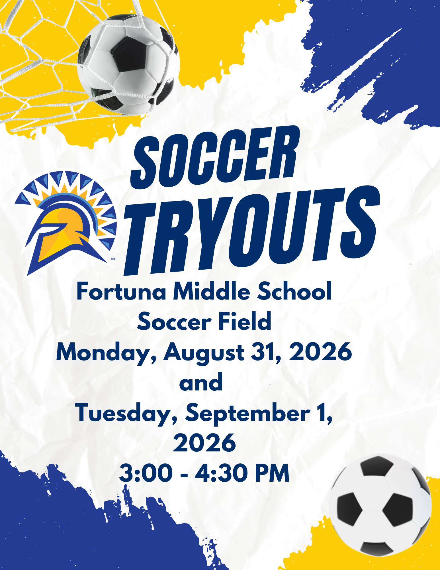 ⚽ Soccer Tryouts:  Monday, 8/31 and Tuesday, 9/1 ⚽