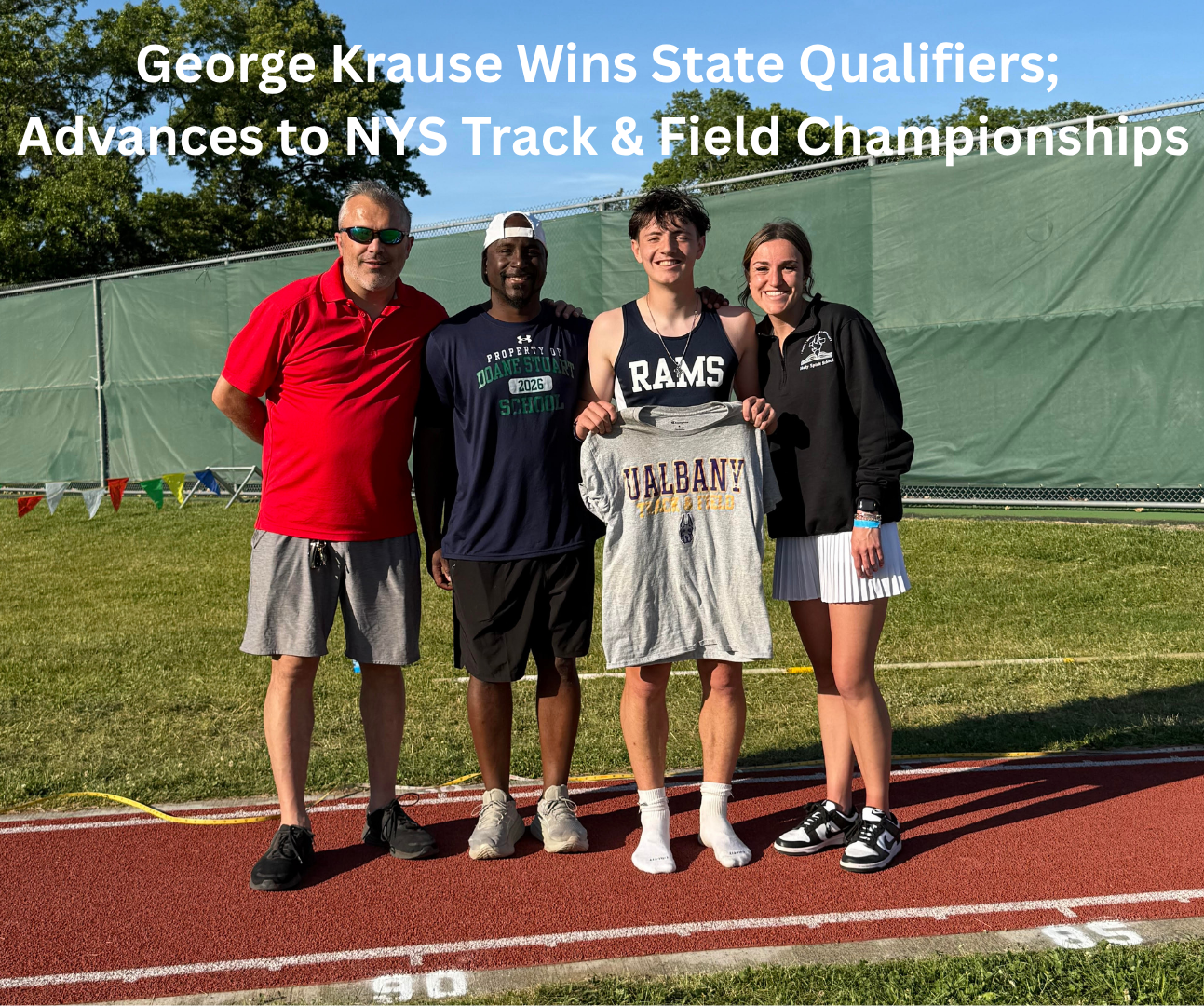 George Krause, a young athlete, holds up a shirt with coaches and a teammate after winning state qualifiers.