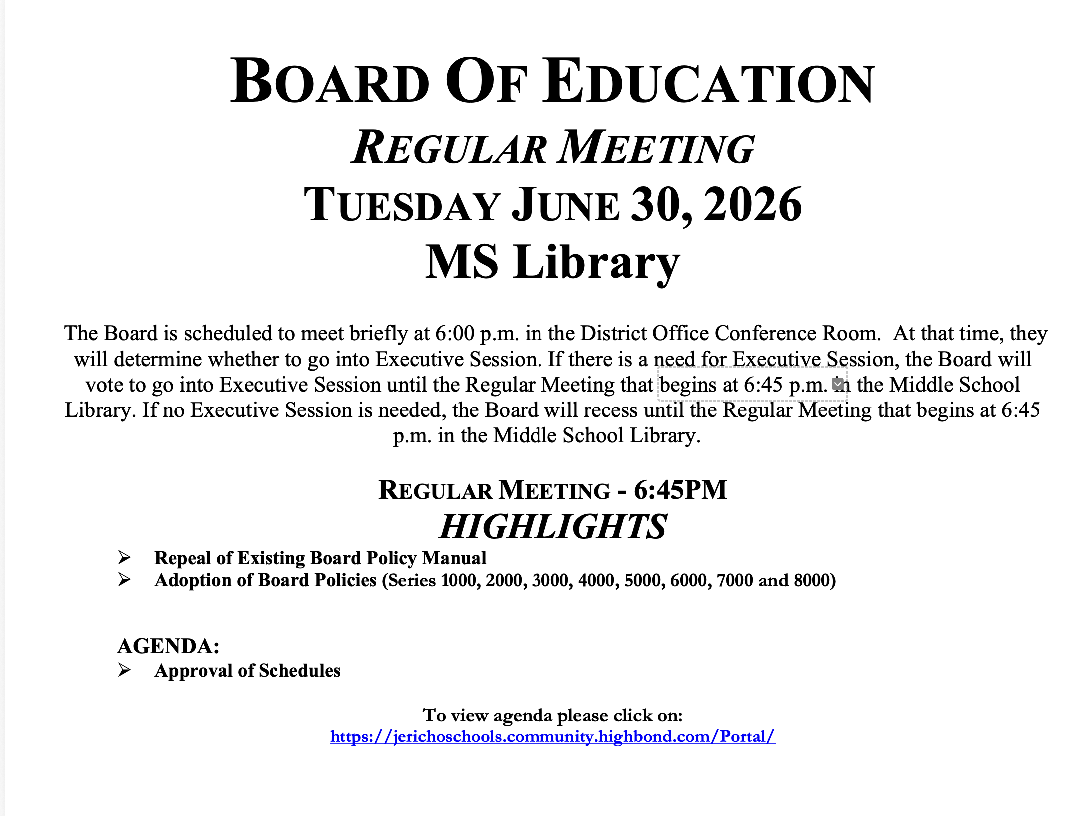 Meeting Notice: Board of Education Meeting Tomorrow at 6:45 PM