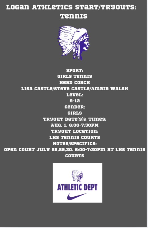 Announcement for Logan Athletics Girls Tennis tryouts for grades 9-12.