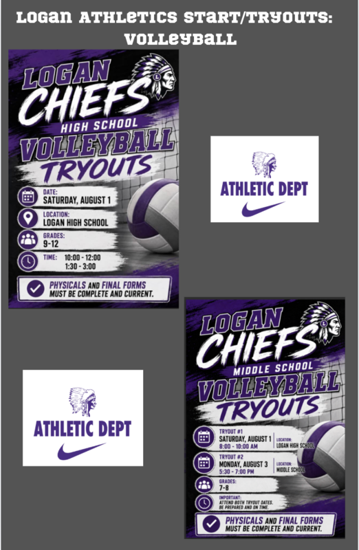 Poster for Logan High School volleyball tryouts on Saturday, August 1, at Logan High School for grades 9-12.