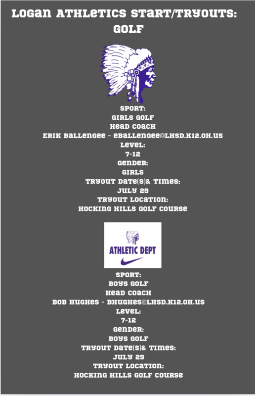 Logan Athletics announces golf tryouts for girls and boys, grades 7-12.