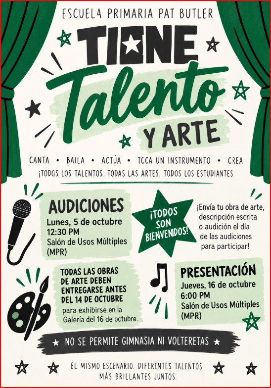 A colorful flyer in Spanish announces a school talent and art show, featuring green curtains and star illustrations.